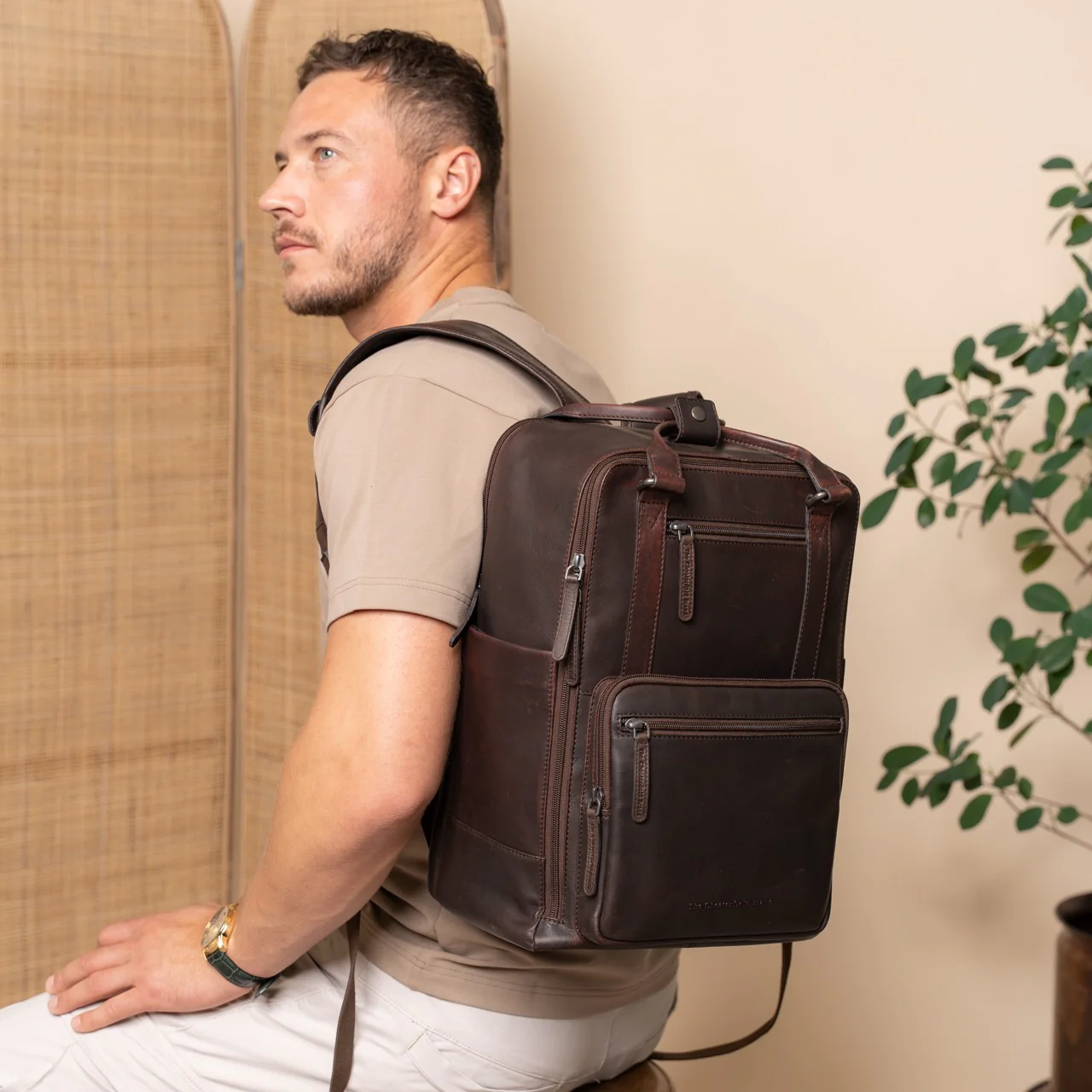 Leather Laptop Backpack Brown Calden - Image 2
