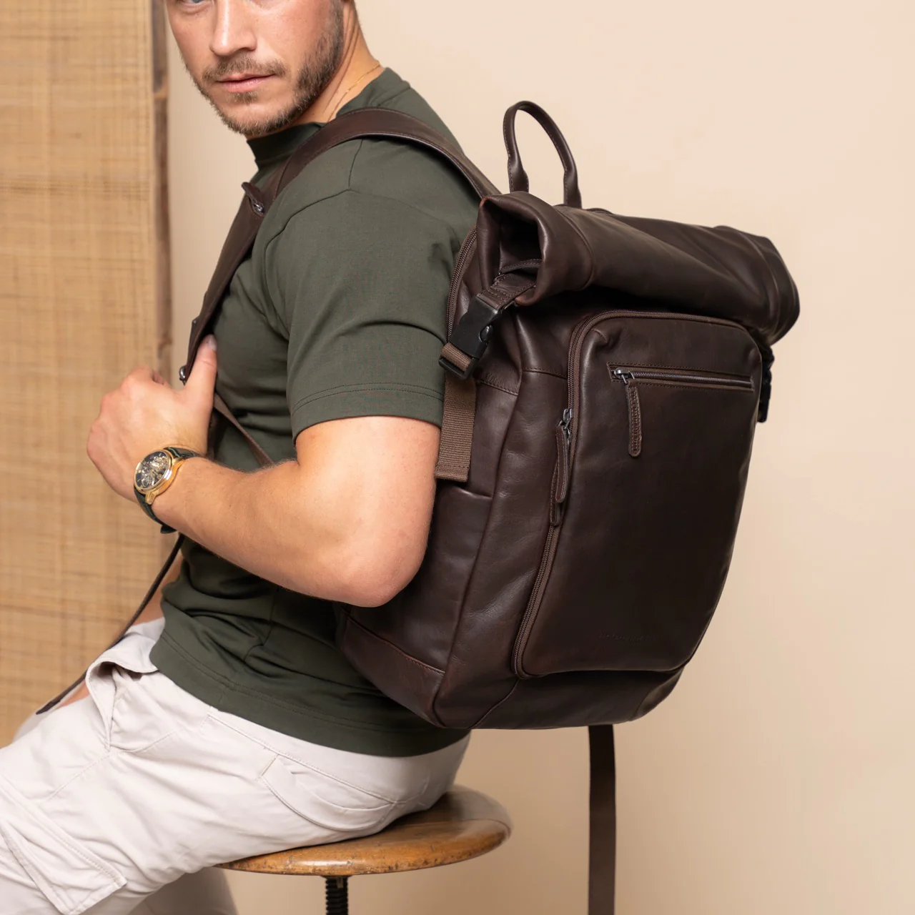 Leather Roll-top Backpack Brown Remo - Image 2