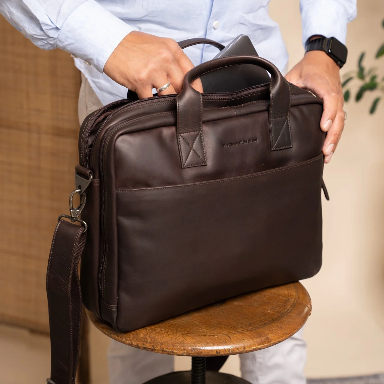 Leather Laptop Bag Brown Frazer - Image 3