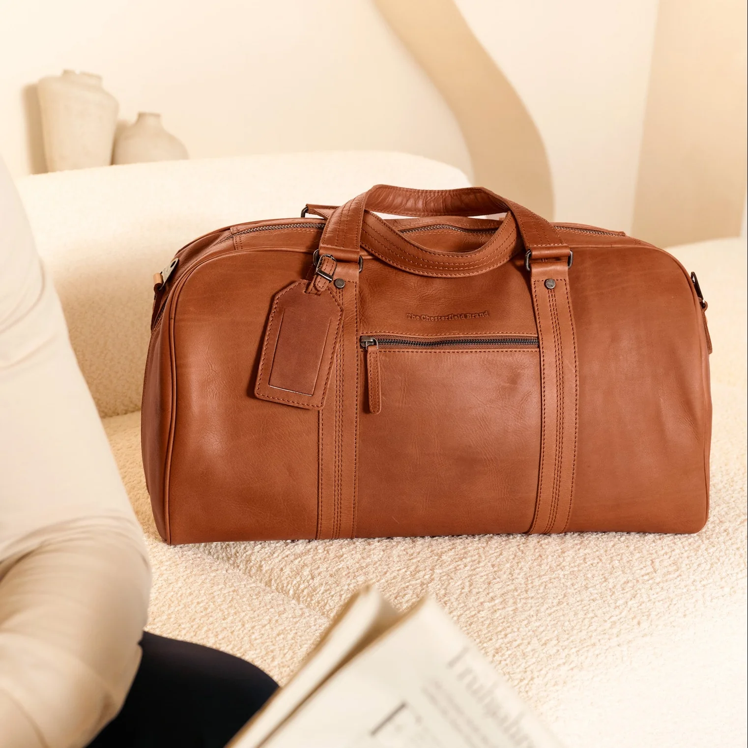 Leather Weekender Bag Cognac Rivaro - Image 2